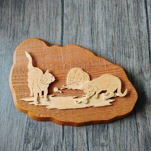 Hand Crafted Cat Wooden Wall Art, Kittens Playing w Yarn, Handmade Rustic 10x8